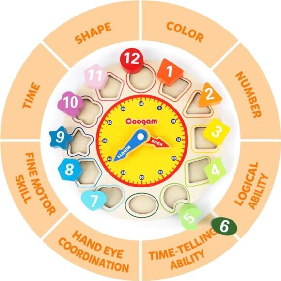 Wooden Shape Color Sorting Clock – Teaching Time Number Puzzle Stacking - Picture 6 of 7